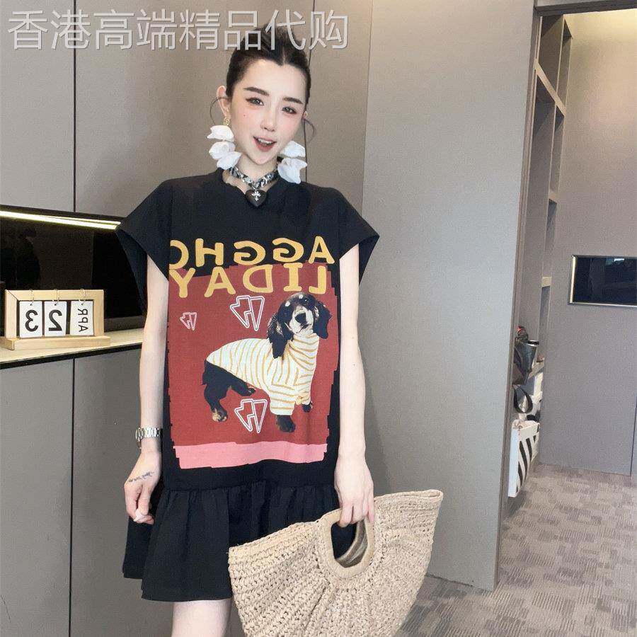 字母小狗印花洋装女2026夏新款荷叶边圆领T恤裙中长版裙子欧货