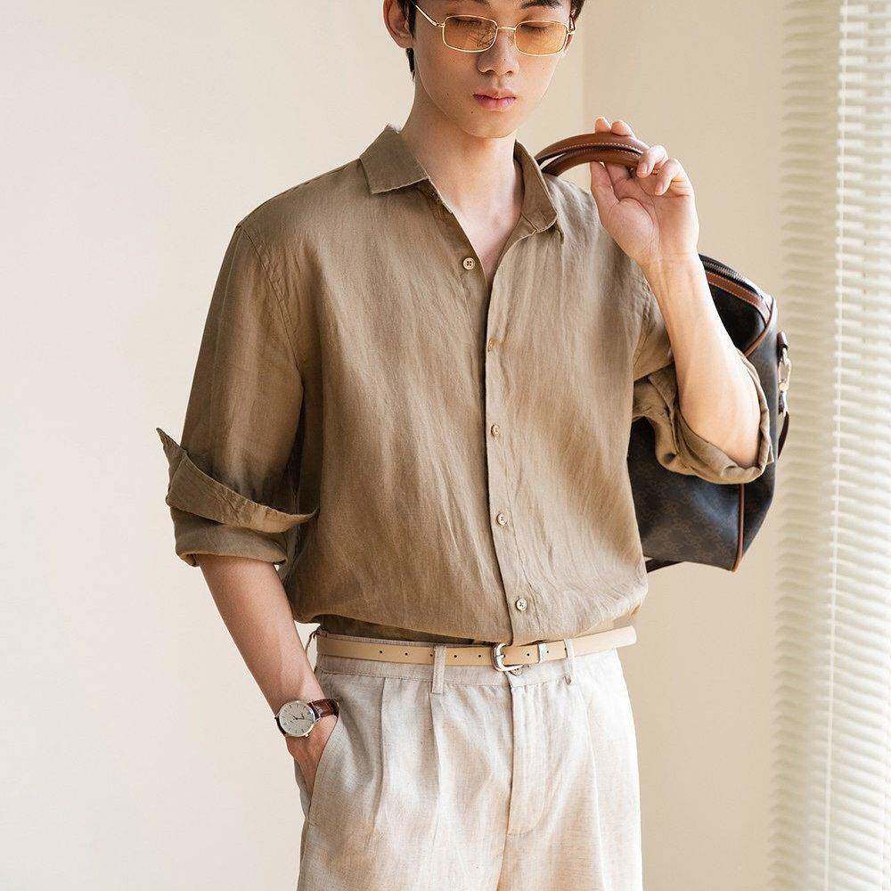 潮牌绿咖色宽松长袖衬衫男夏季时尚舒适老钱风清爽透气防晒衬衣