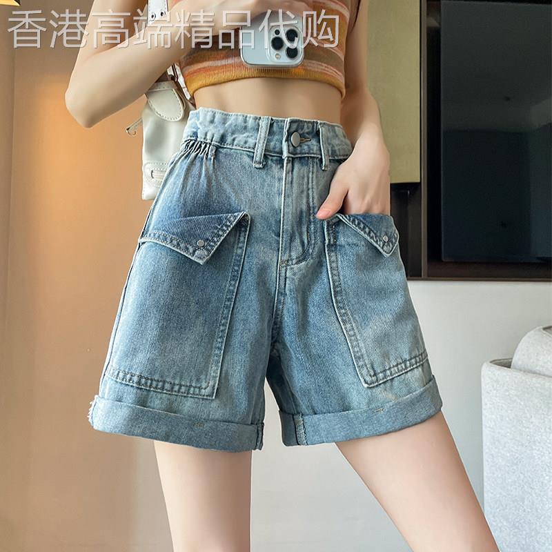 卷边牛仔短裤女夏季薄款2026宽松阔腿直筒侧松紧腰四分裤卷边裤子