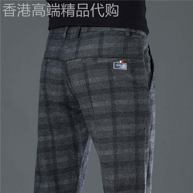 香港2026春秋季高端男士休闲裤修身直筒商务弹力英伦灰色格子裤男