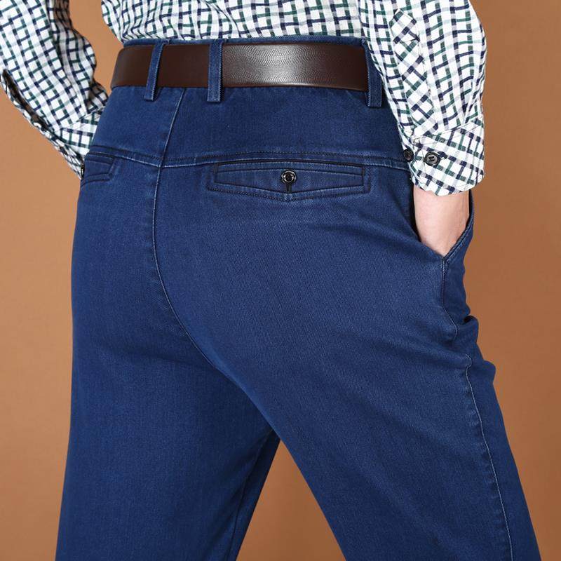 高端中年牛仔裤男秋冬季弹力高腰休闲直筒宽松大码中老年爸爸裤子