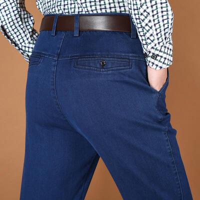 高端中年牛仔裤男秋冬季弹力高腰休闲直筒宽松大码中老年爸爸裤子