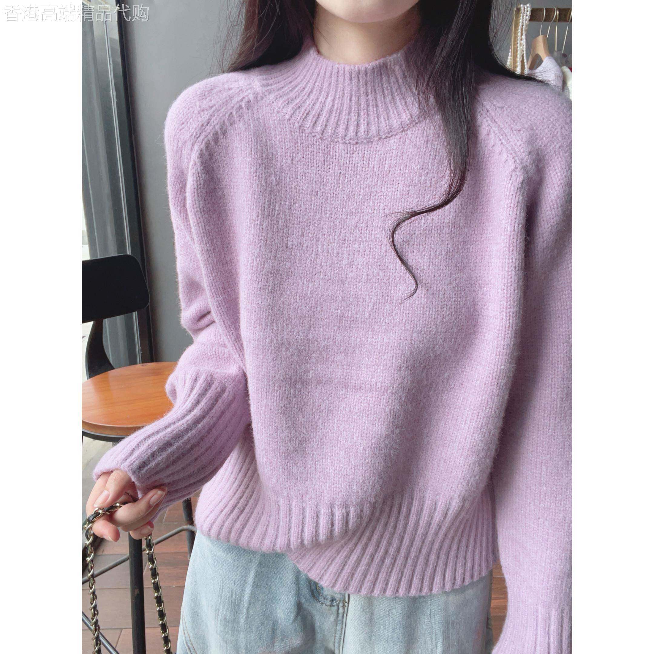 紫色半高领加厚毛衣女秋冬宽松百搭显瘦软糯针织衫内搭小个子上衣