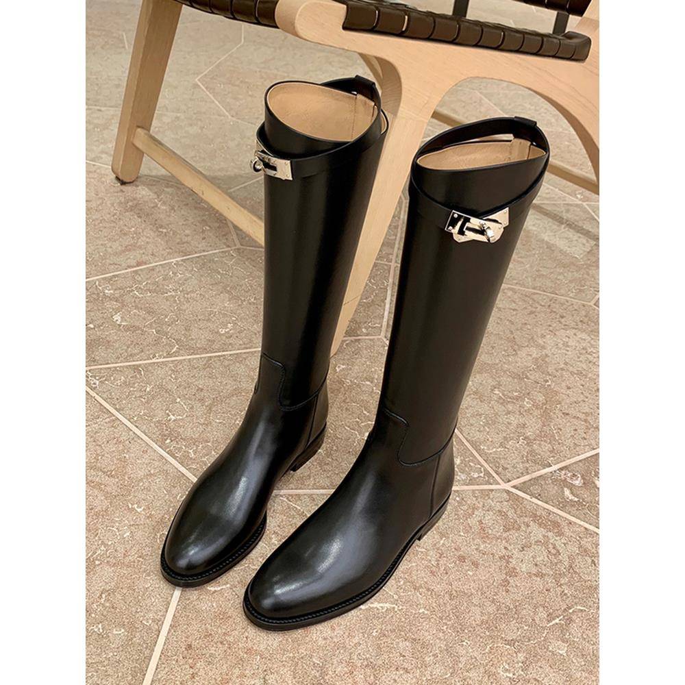 香港不过膝长靴女秋冬2025新款真皮长筒靴英伦风皮扣高筒靴骑士靴