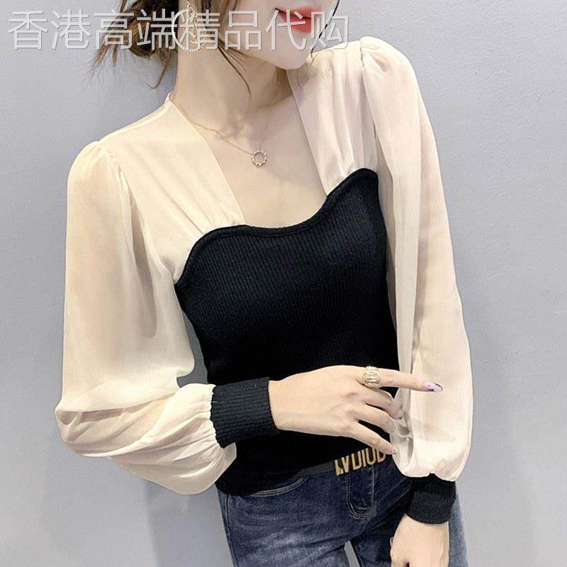 欧货品牌网纱拼接打底衫女 春秋季通勤风蕾丝泡泡袖上衣修身显瘦