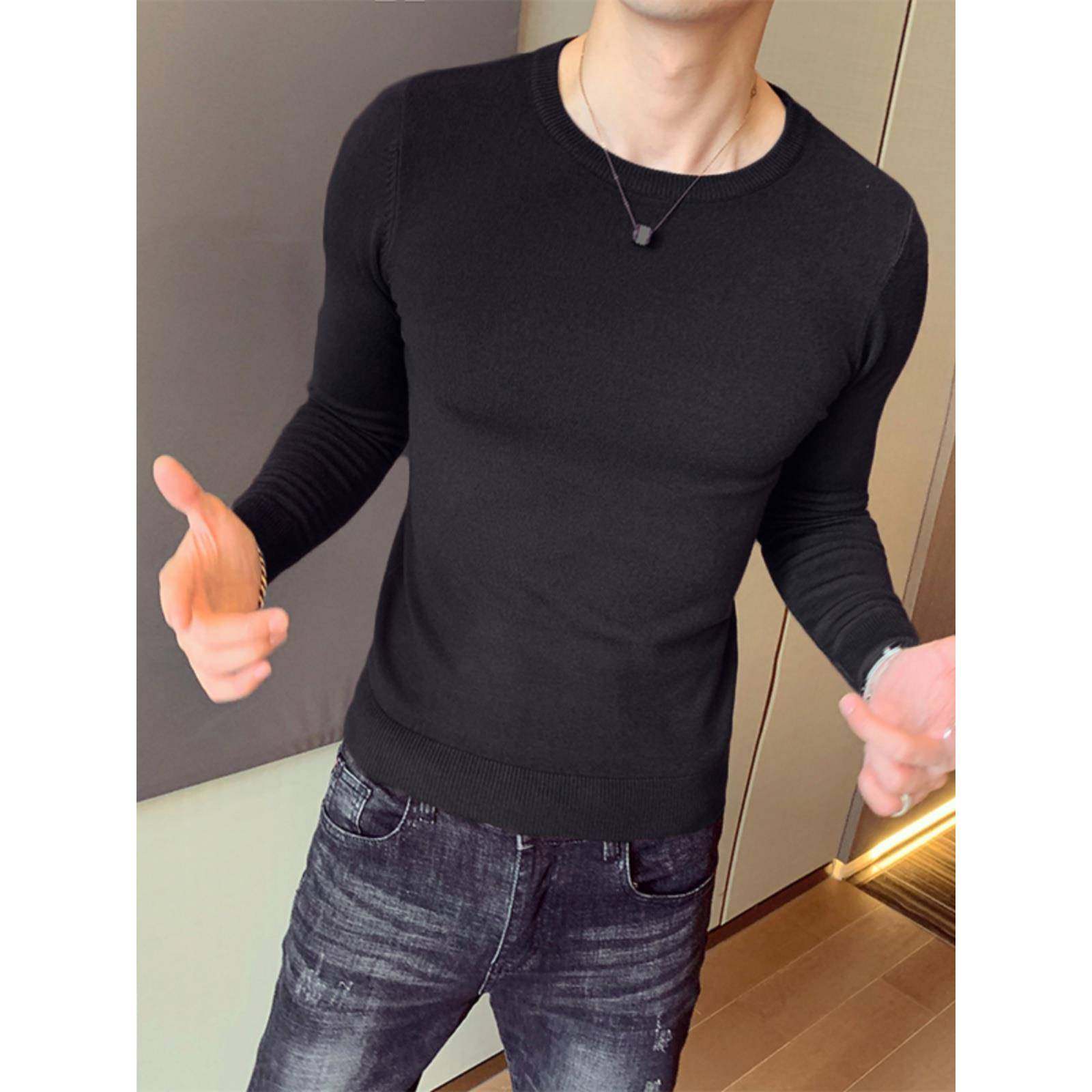 男士针织衫圆领韩版修身线衣纯色紧身薄款打底衫男春秋季潮流毛衣