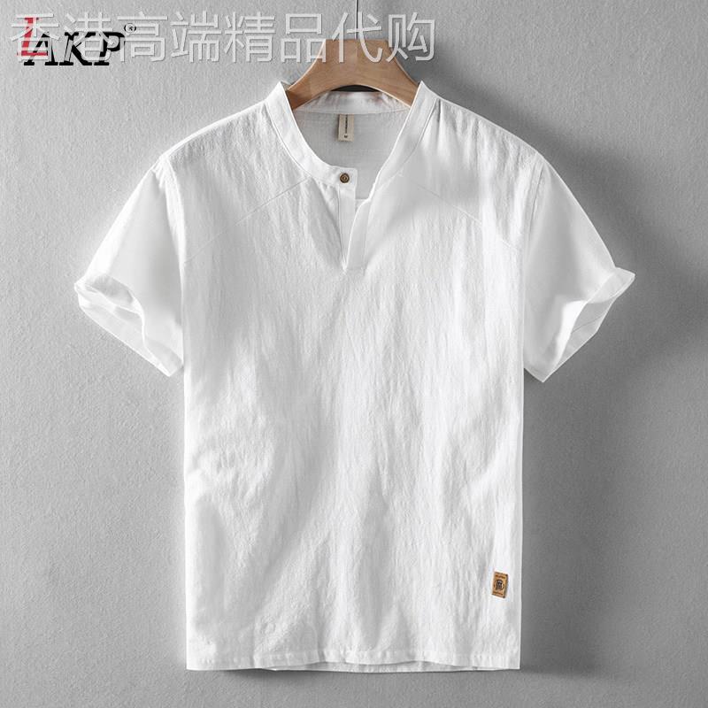 中国风亚麻短袖T恤男士2026新款夏季立领复古棉麻宽松衬衫服男款