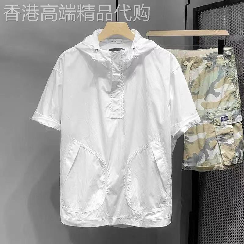 工装带帽短袖T恤男夏季薄款潮流宽松立体多袋半袖帽衫休闲冲锋衣