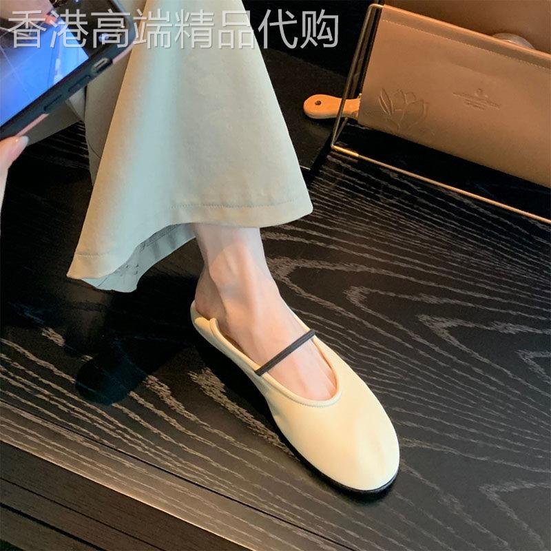 香港羊皮软皮软底一脚蹬奶奶鞋女浅口平底单鞋白色一字带芭蕾舞鞋