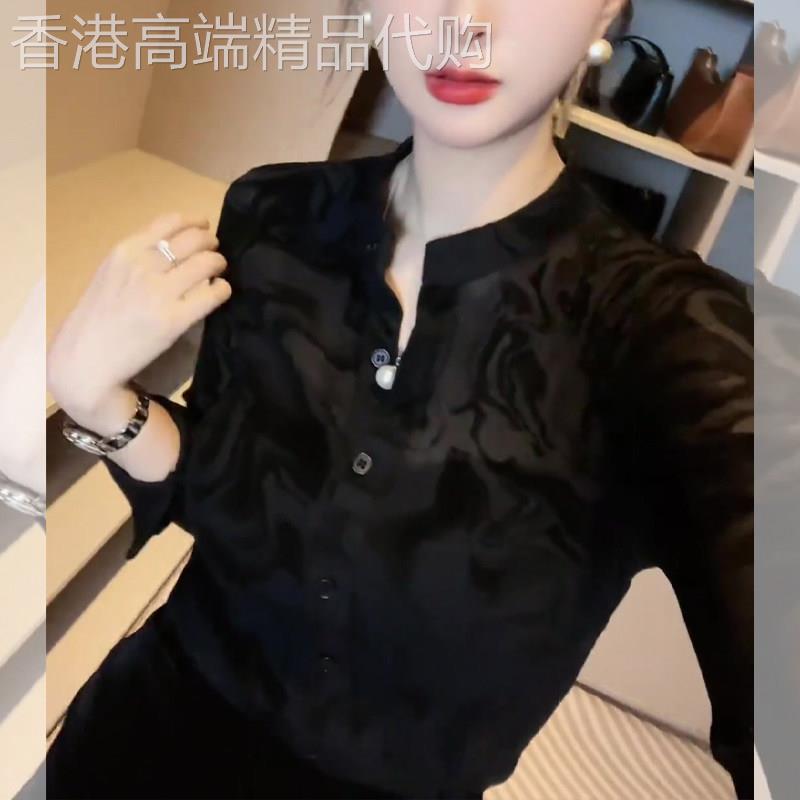 淑女风黑色网纱长袖衬衫女2026年春季新款高级感洋气显瘦百搭上衣