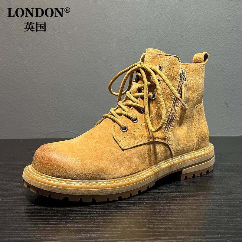 英国&奢品~侧拉链增高马丁靴男款2025新款中帮真皮工装厚底大黄靴