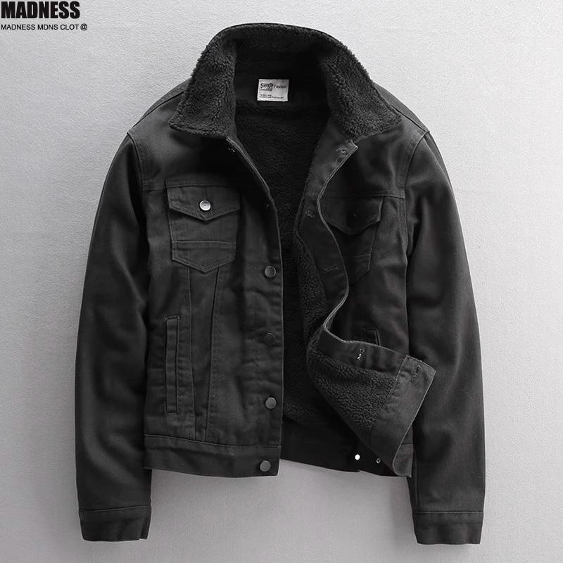 Madness Mdns Clot复古加绒牛仔外套男款冬季羊羔绒修身棉服黑色