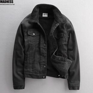 Madness Mdns Clot复古加绒牛仔外套男款冬季羊羔绒修身棉服黑色