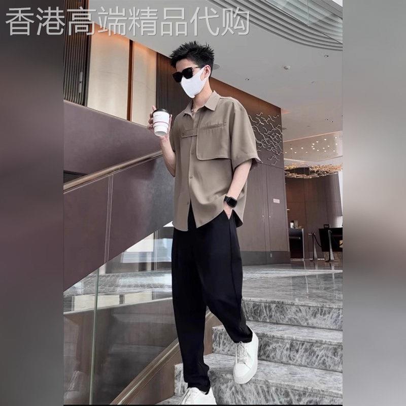 新中式冰丝休闲套装男士夏季2025新款短袖衬衫西裤穿搭两件套男装