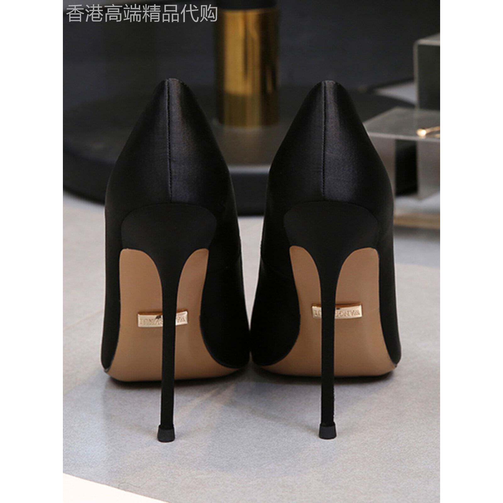 香港黑色细跟缎面10厘米性感尖头超高跟女士春秋季容易匹配的鞋子