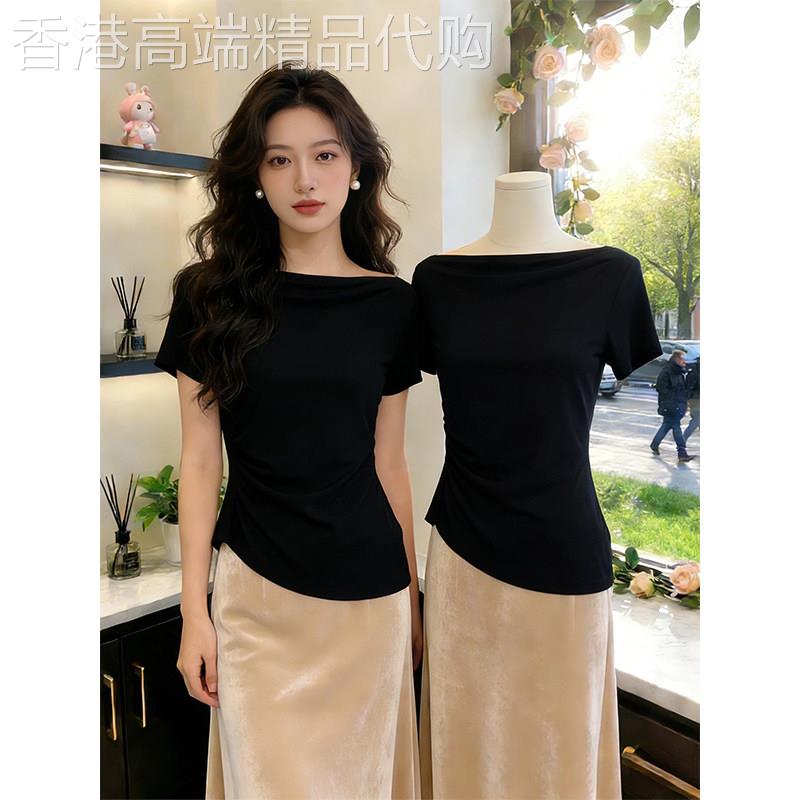 黑色轻熟简约风一字领短袖T恤女夏季欧货修身显瘦百搭款通勤上衣