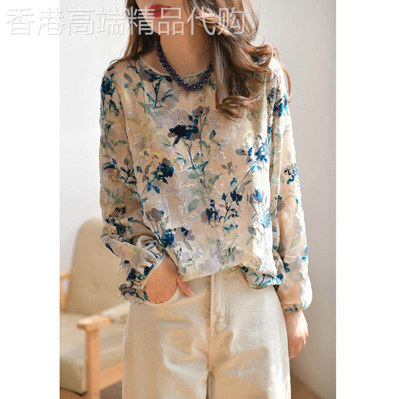 GESGOO轻奢复古金丝绒上衣女2025新款春季烧花烂花工艺真丝衬衫薄