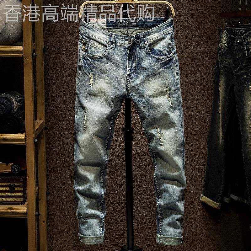 香港潮牌复古破洞牛仔裤男春夏修身修补程式小脚乞丐裤青年小直筒