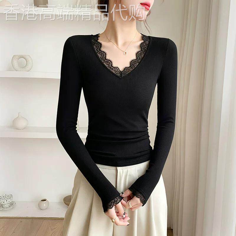 黑色蕾丝花边V领长袖内搭打底衫女2026新款秋冬季设计感修身上衣