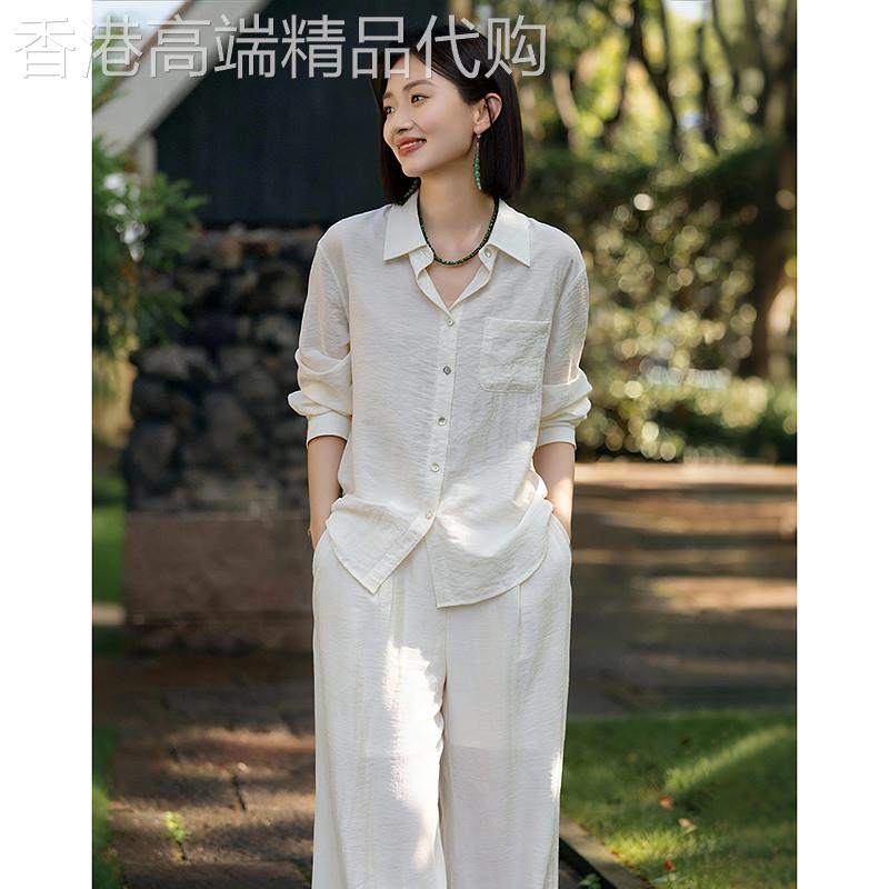 德玛纳通勤风呼吸感套装女26春季新款翻领衬衫松紧腰休闲裤两件套