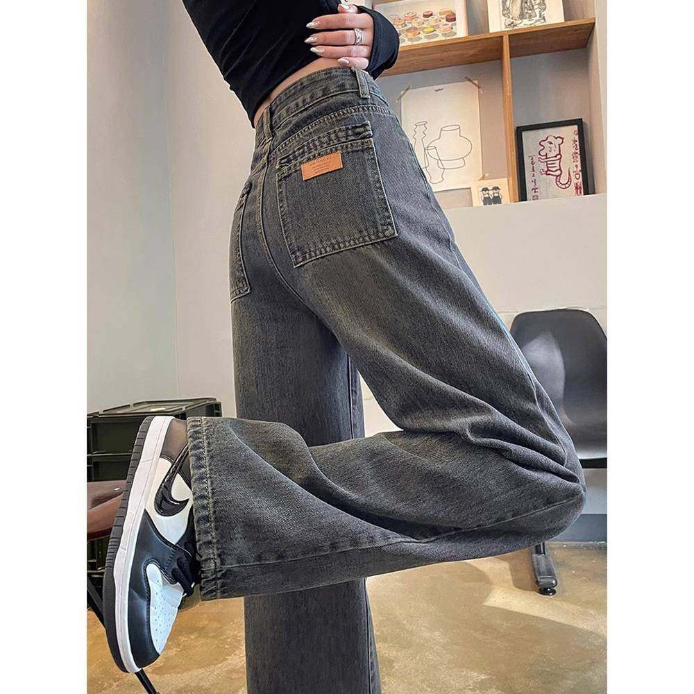 水泥灰窄版直筒牛仔裤女春秋冬季2025年新款垂感显瘦加绒阔腿裤子