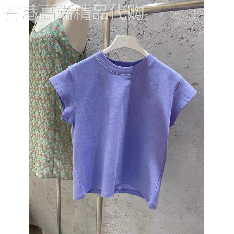 紫蓝色休闲风短袖T恤女夏季欧货简约宽松圆领百搭款显瘦通勤上衣