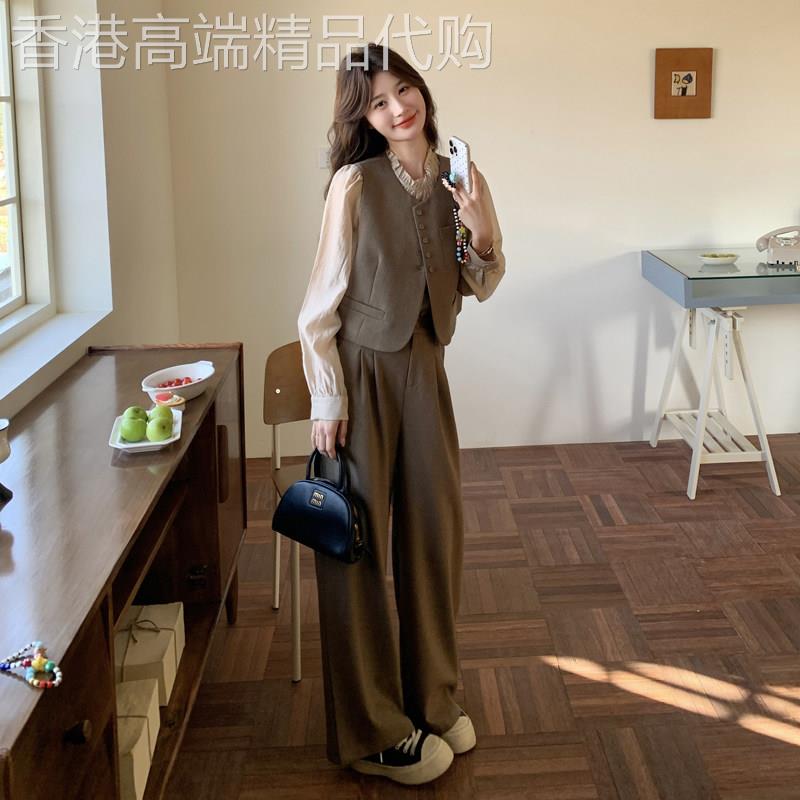 咖色高级感西装背心套装女2026秋季新款阔腿裤大方得体穿搭三件套
