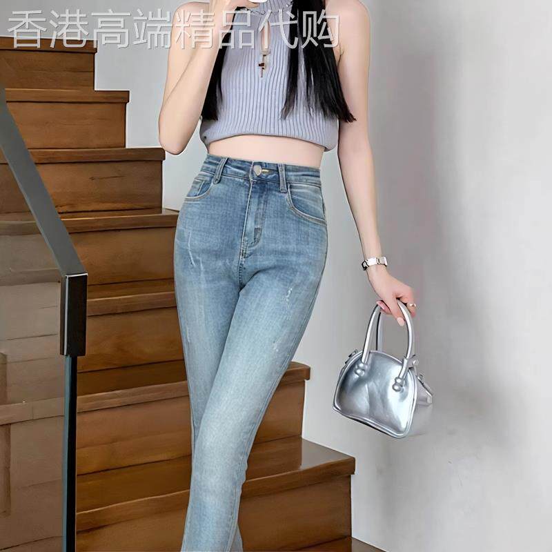 破洞高腰显瘦牛仔裤子女2025新款夏季薄款弹力紧身九分小脚铅笔裤