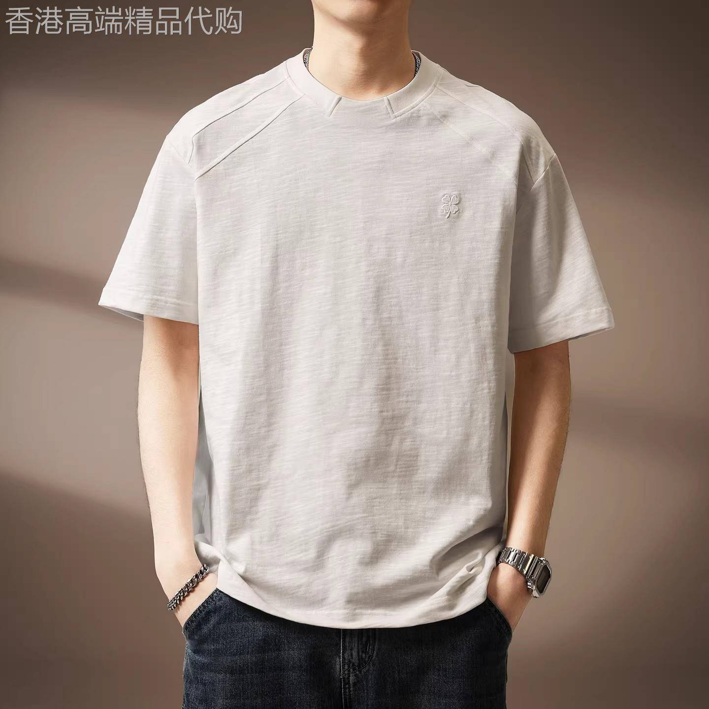 意大利复古立体印花短袖T恤男士节竹棉宽松透气夏季薄款圆领上衣