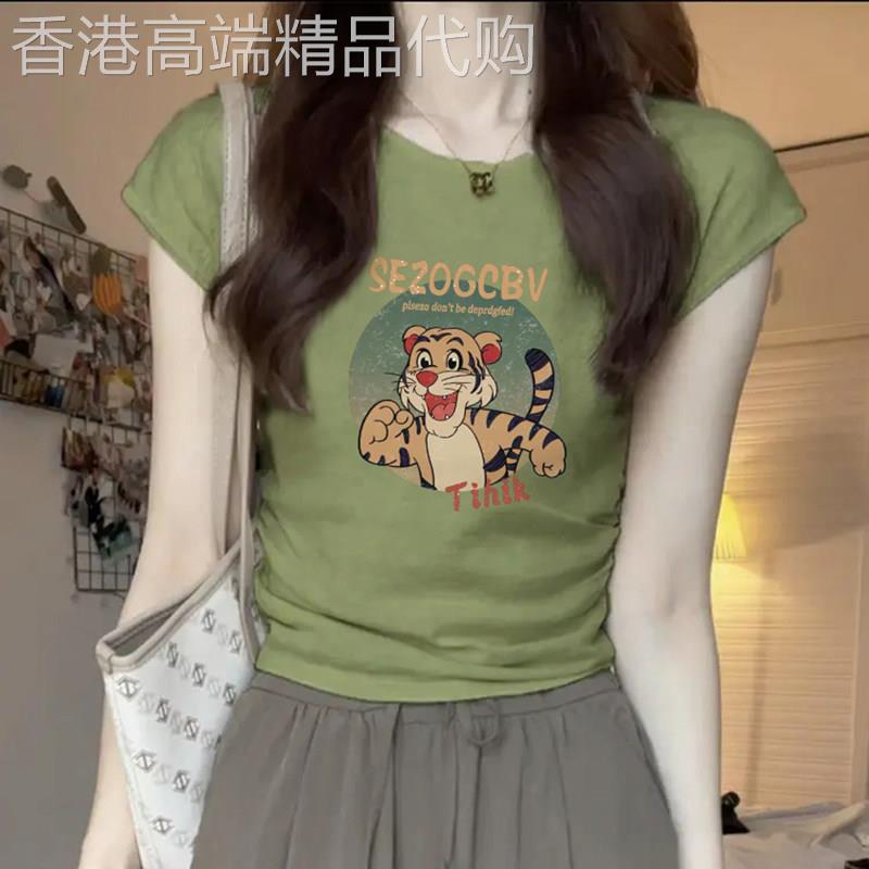 牛油果绿正肩短袖t恤女装2026年甜辣妹小众夏季新款短款褶皱上衣