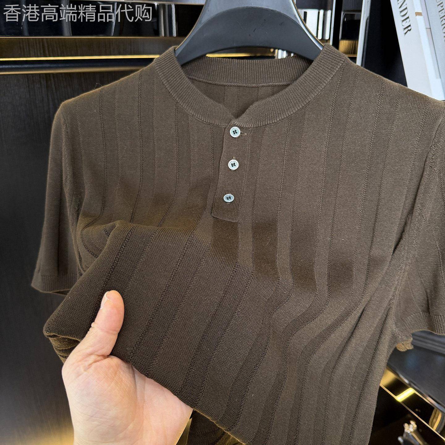 高端天丝亚麻男士短袖T恤圆领老钱风休闲针织T恤衫钮扣圆领上衣