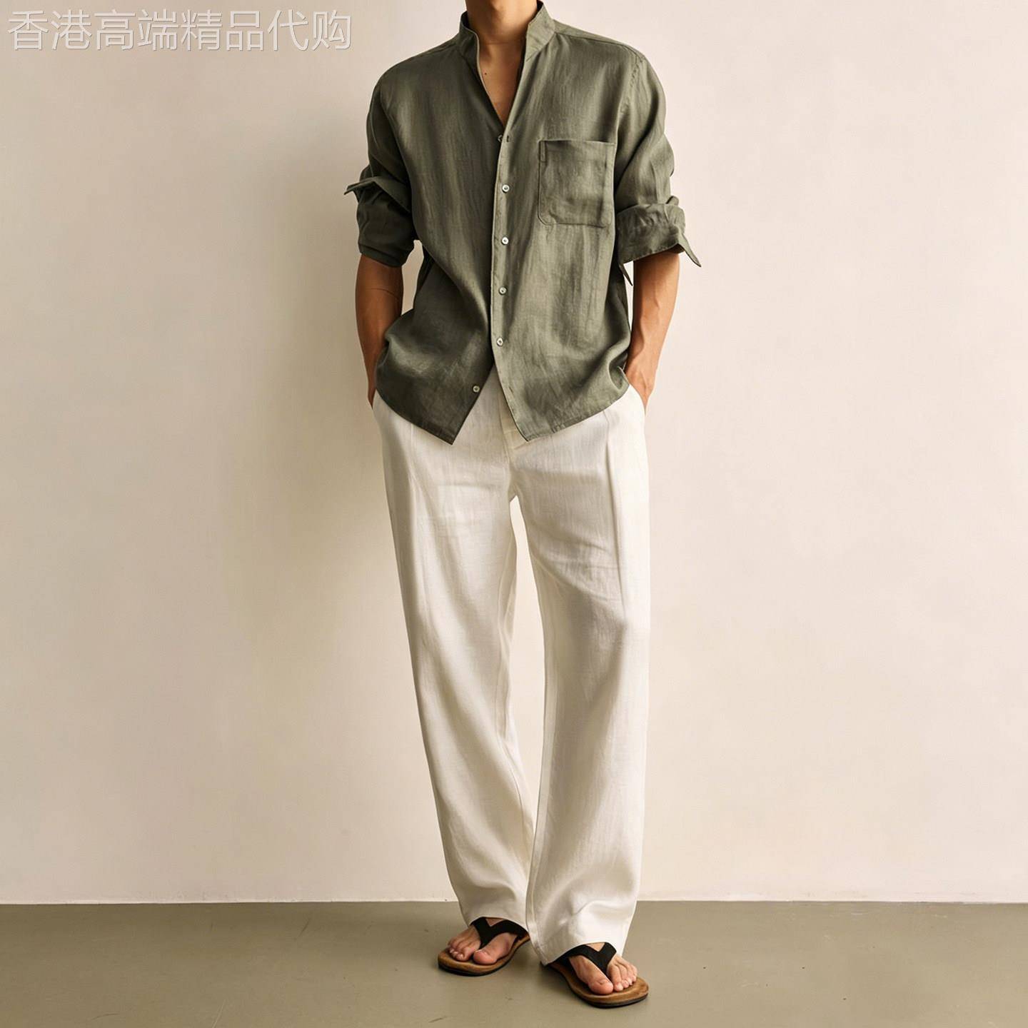 潮牌新中式立领透气套装男士夏季薄款老钱风松弛感衬衫裤子一整套