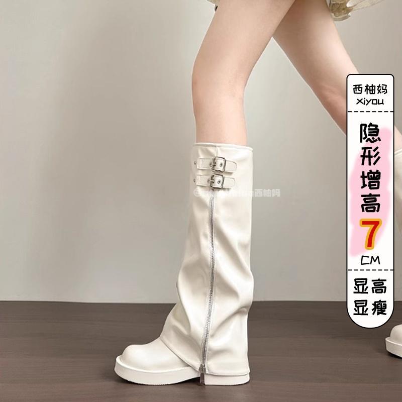 香港真皮内增高长筒靴女2025春秋新款朋克欧美裤管靴不过膝骑士靴