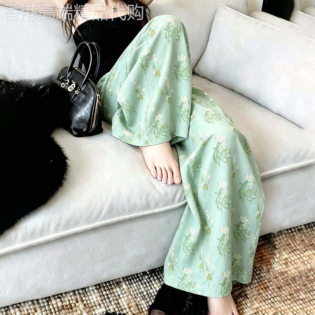 绿色碎花休闲宽裤子女2026夏季新款宽松慵懒垂坠高级感直筒长裤