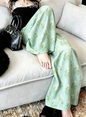 绿色碎花休闲宽裤子女2026夏季新款宽松慵懒垂坠高级感直筒长裤
