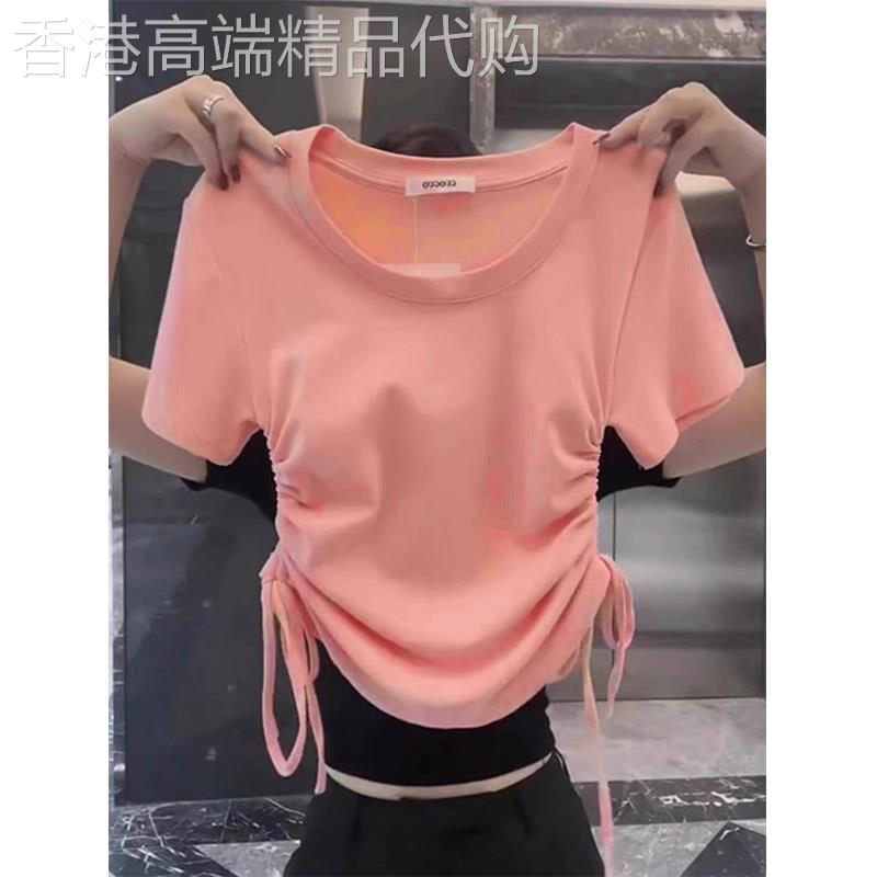 粉色正肩短袖T恤女2026新款春夏辣妹抽绳收腰显瘦小个子短款上衣
