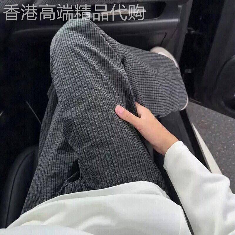 潮牌美式弯刀休闲裤男款夏季轻薄透气格子裤高级感复古泡泡纱裤子