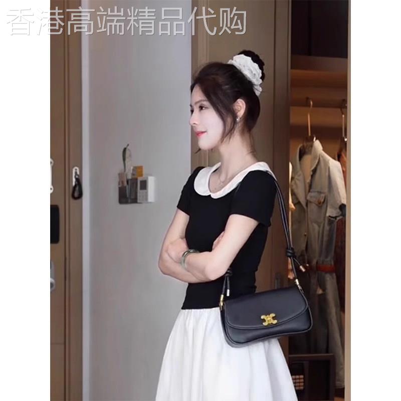 黑色正肩短袖t恤女夏季2026新款薄设计感修身显瘦娃娃领半袖上衣