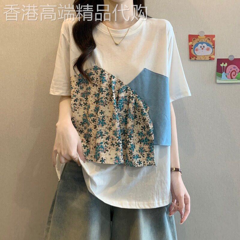 假两件碎花正肩短袖t恤女士夏装宽松显瘦大码胖mm遮肚减龄上衣女