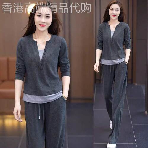 假两件休闲运动服套装女春秋新款时尚洋气百搭气质女士减龄两件套