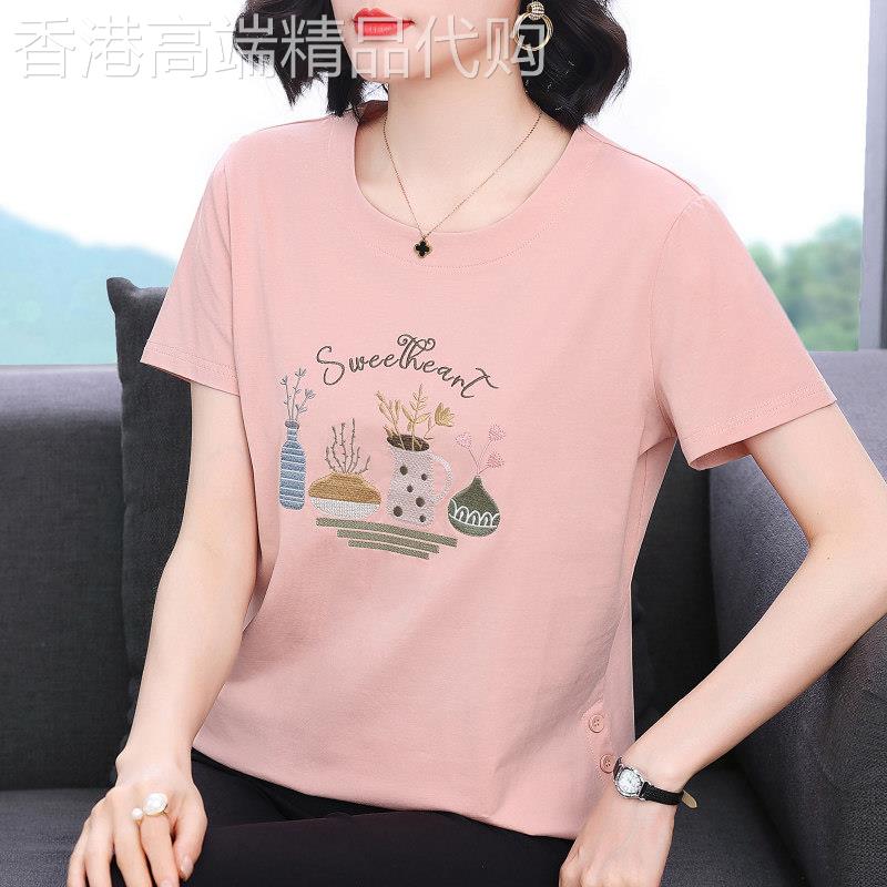 中老年妈妈圆领纯棉短袖t恤女 新款2026夏装洋气绣花体恤显瘦上衣