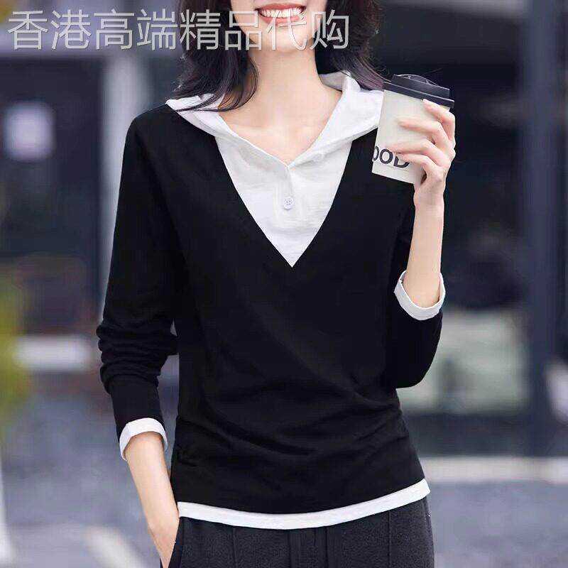 黑色假两件连帽长袖t恤女春秋季2026新款纯棉带帽内搭上衣打底衫