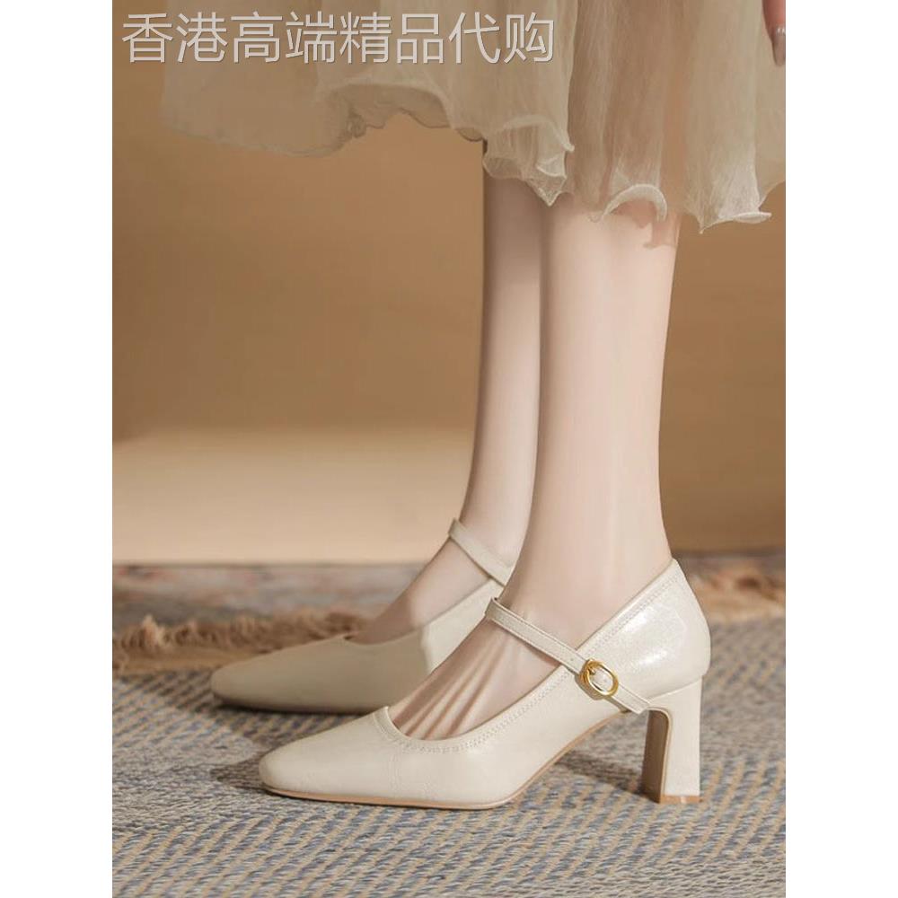 真皮白色女士高跟鞋2025新春大尺寸浅口厚跟玛丽简鞋