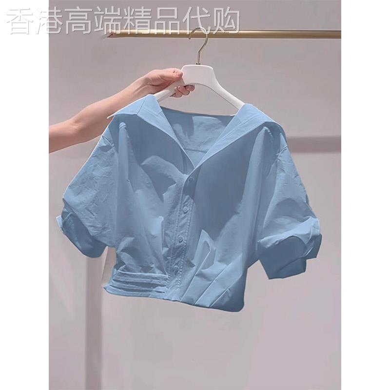蓝色翻领短款衬衫女夏季欧洲站2026新款甜美气质减龄百搭短袖上衣
