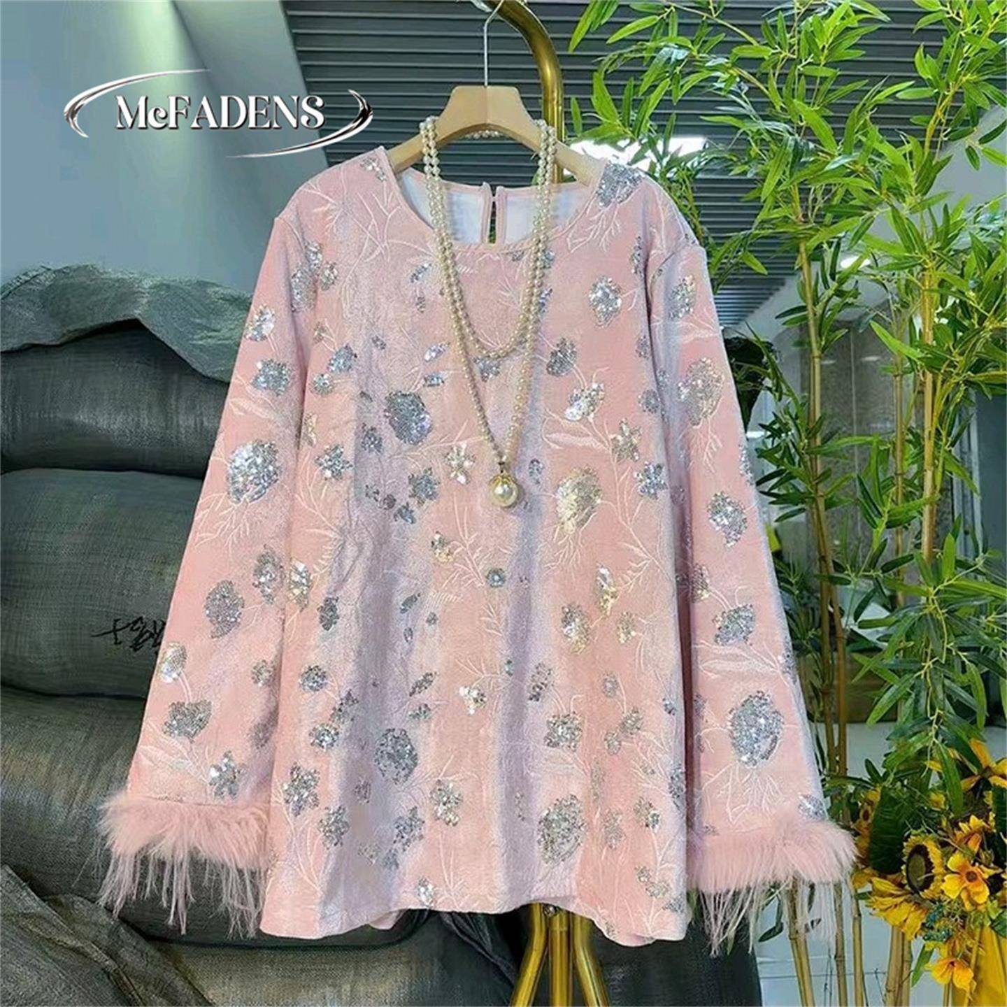 香港新中式大码女装国风丝绒亮片长衫胖妹妹显瘦复古大花衬衫上衣