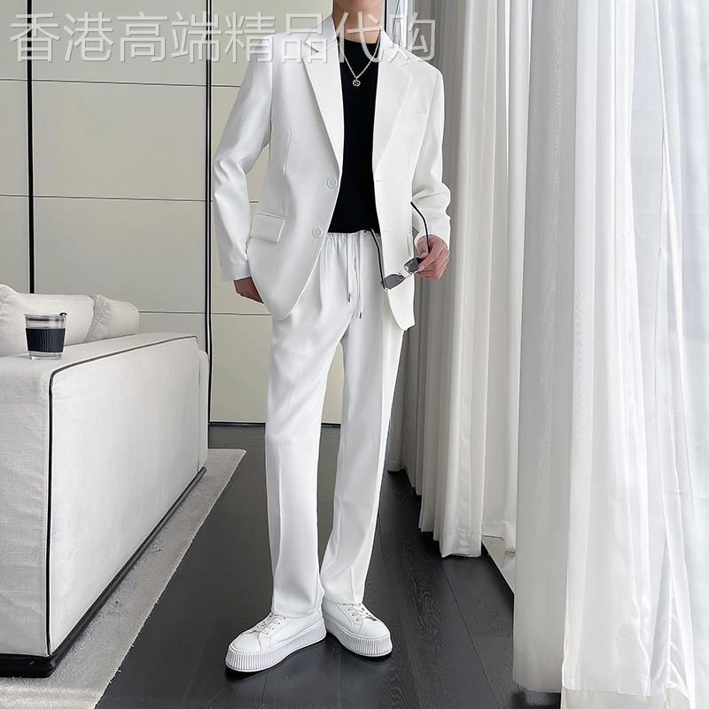 潮牌高级感休闲宽松垂感轻熟风西服套装纯白色西装两件套男士秋潮