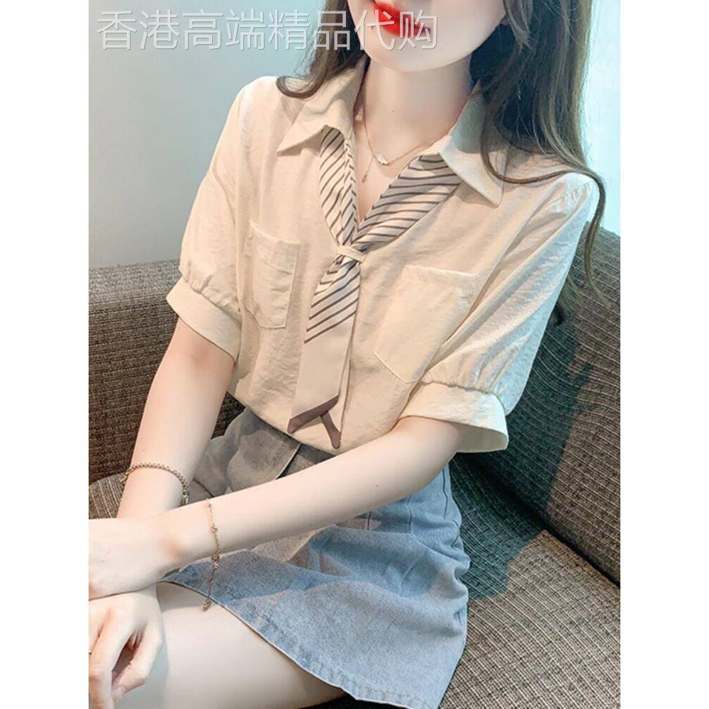 香港Polo领减龄短袖衬衫女夏季高级感雪纺上衣女洋派独特别致上衣