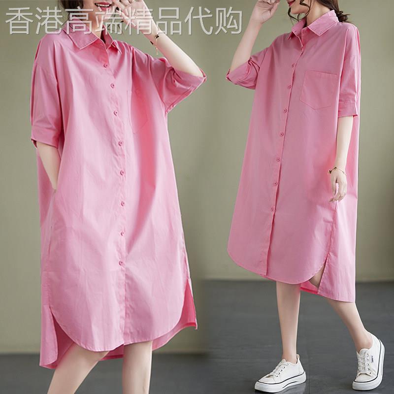 休闲短袖翻领衬衫裙女夏新款高端洋气中长款女士POLO领开叉连衣裙