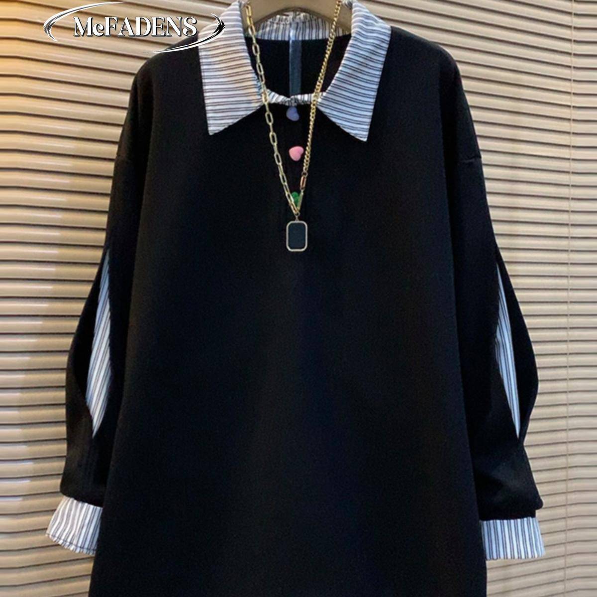 香港冬新款通勤减龄条纹拼接衬衫领微胖MM大码长袖上衣中长卫衣女