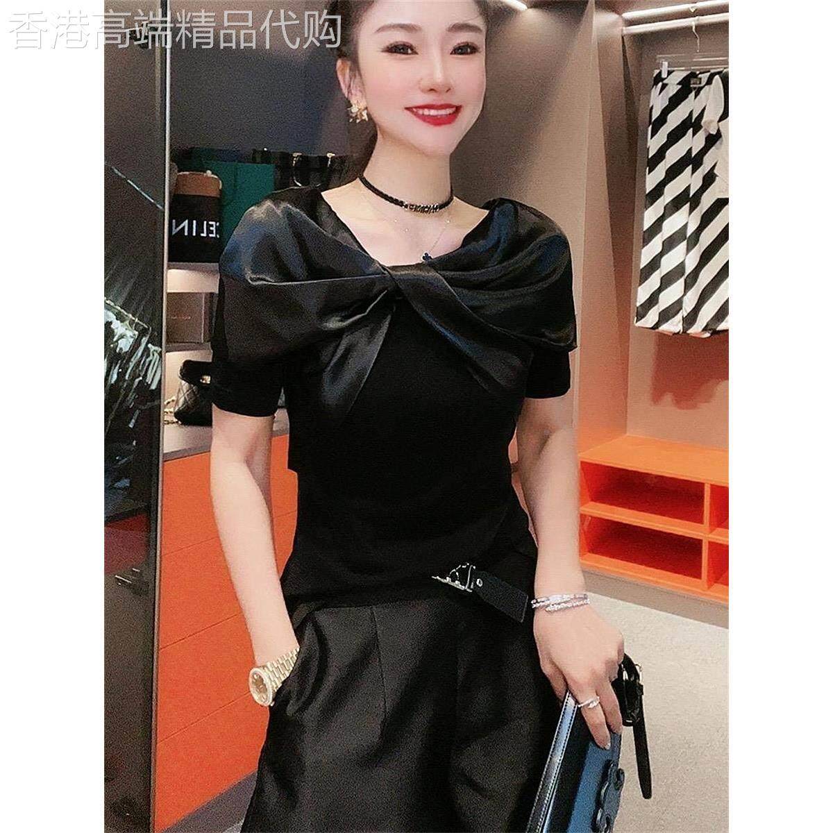 黑色设计感修身蝴蝶结短袖T恤女夏欧货露锁骨气质温柔风短款上衣